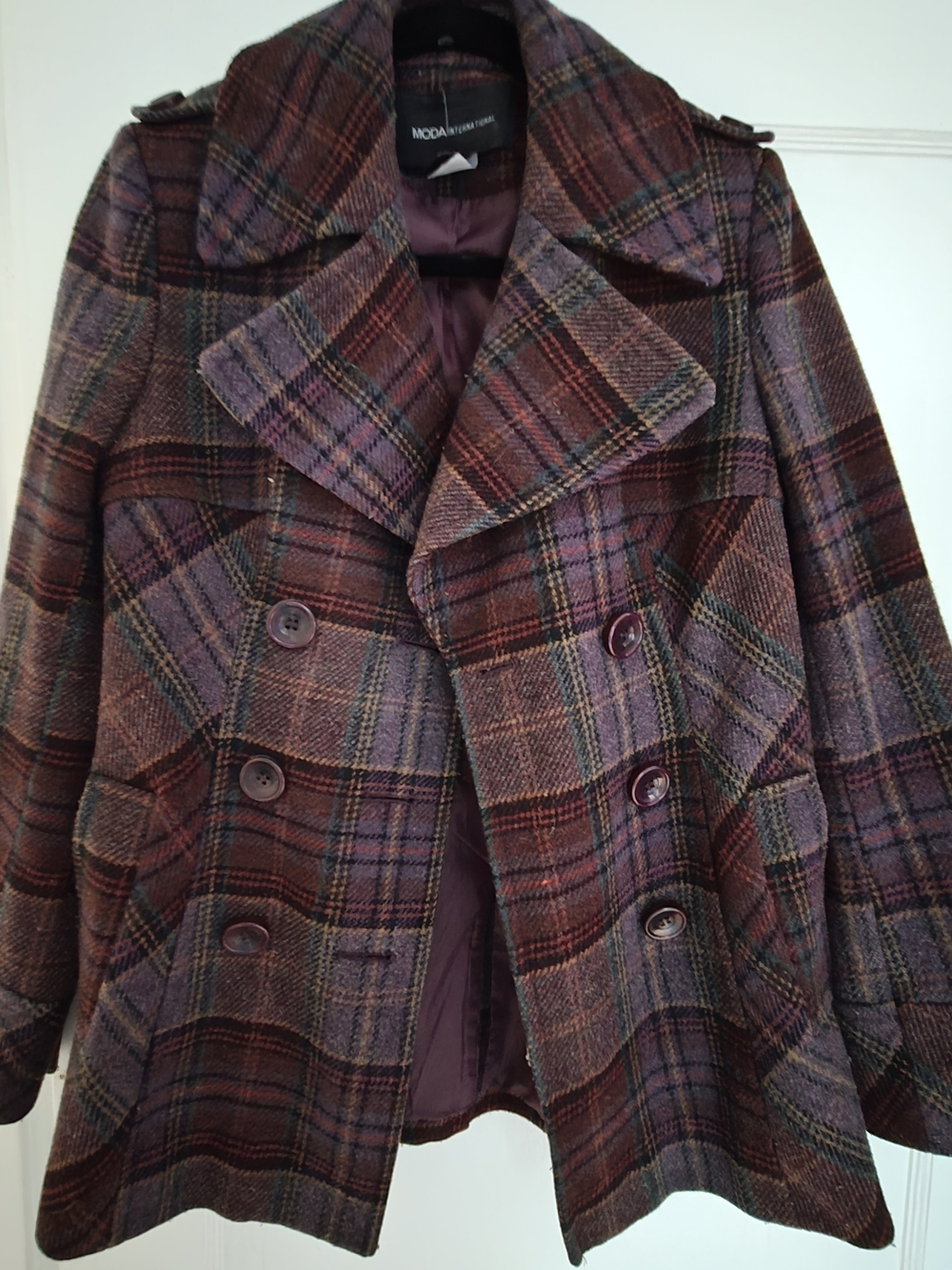 Moda International Women's Plaid Peacoat in Burgundy and Purple Tones